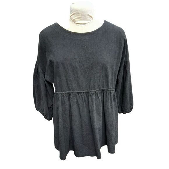 Cellabie Baby Doll Tunic Black Sz. XL 3/4 Elasticized Puff Sleeves Peplum Effect - Picture 1 of 8